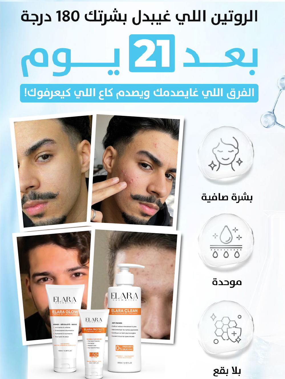 ELARA Glow للرجال قبل وبعد العناية بالبشرة